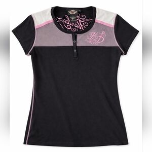 Harley-Davidson Women’s XL Black & Pink Colorblock Henley Short Sleeve Top